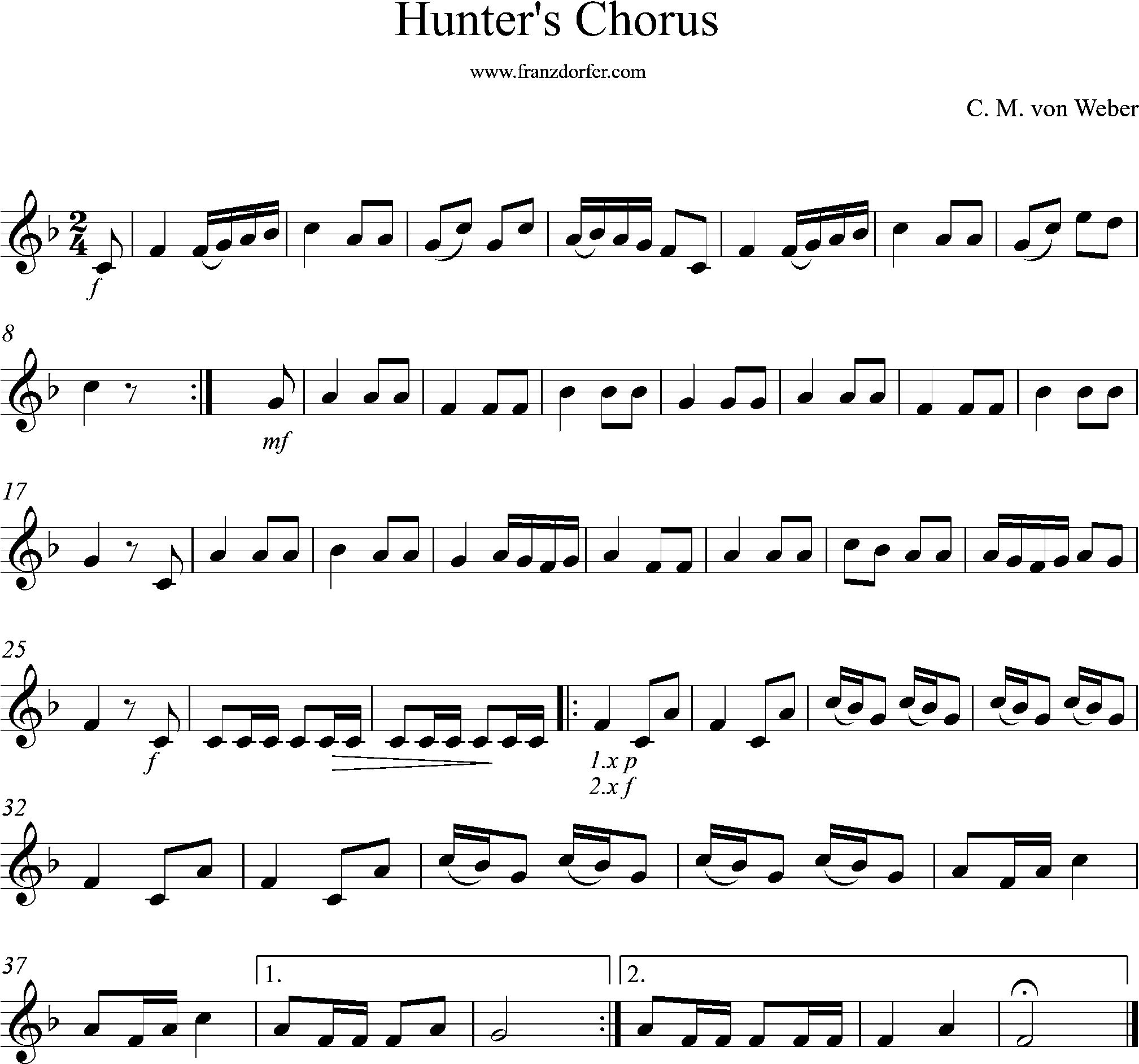 Sheetmusic, Hunters chorus, F-Major